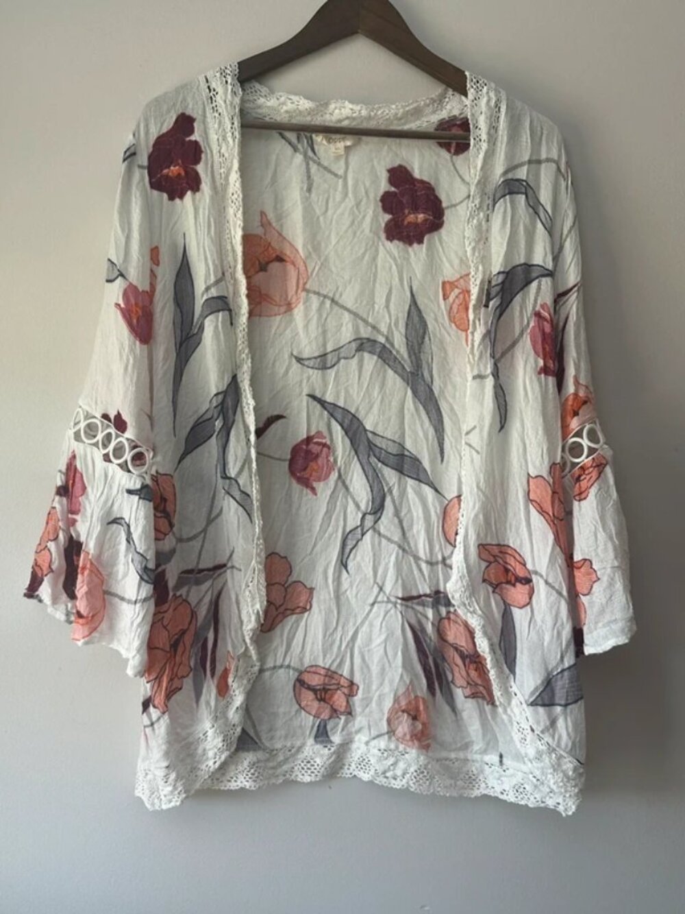 ODDI Women’s M/L Floral Open Front Kimono Cardigan Crochet Trim Bell Sleeve